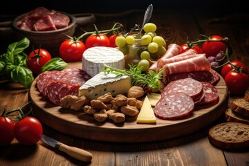  a variety of meats and cheeses on a wooden platter with bread, tomatoes, olives, and breadcrumbs.