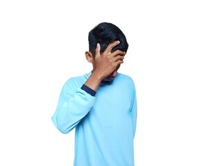 confused asian young man blue t-shirt, isolated white background