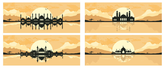 Collection of Mosque Silhouette with Mountains and Sunset in the Background
