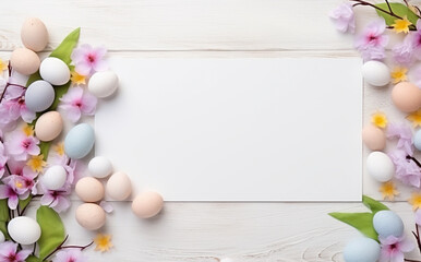 Naklejka na ściany i meble Banner. Easter eggs, flowers minimal concept. Top view. Postcard with space for text.