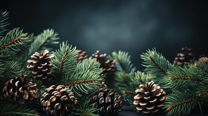  a group of pine cones sitting on top of a green pine tree branch next to a pine cone on top of a pine branch.