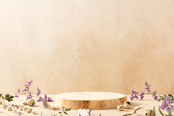 Empty round wooden podium, quail eggs with spring flowers on a beige background. Front view