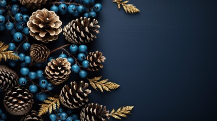 a bunch of pine cones and blue berries on a dark blue background with pine cones and blue berries on a dark blue background.