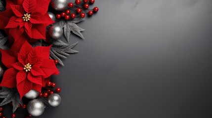  a red and silver christmas decoration with poinsettis and silver baubles on a dark background with space for text.