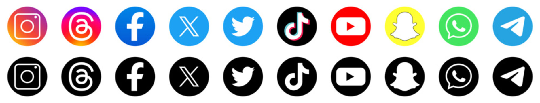Collection of popular social media logos. Instagram, threads, facebook, X, twitter, tiktok, youtube, whatsapp and telegram. Vector editorial