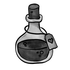 Watercolor glass bottle with poisoned liquid fatal death potion with label