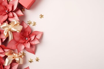  red gift boxes with gold bows and stars on a white background with a place for a text or an image.
