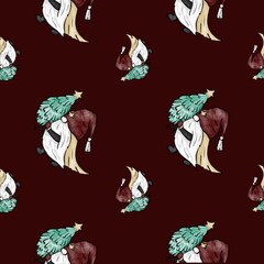 hand drawn seamless pattern with watercolors christmas gnomes on red background