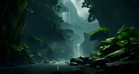 an animated landscape with lush green plants and a waterfall