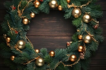 Fototapeta na wymiar a christmas wreath with golden ornaments on a wooden background with a place for a text or a picture or a clipping.