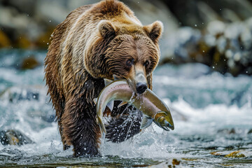 Fototapeta premium grizzly bear catches salmon fish in the river