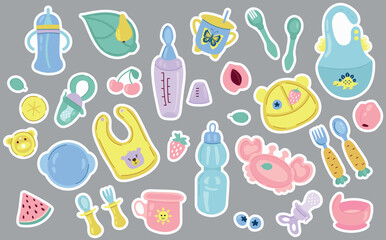 Children's dishware sticker set. Plates, forks, spoons, cups, nibbler.