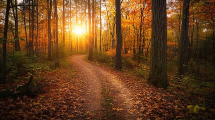 Autumn sunset landscape in a forest with vibrant fall foliage and a winding path. - obrazy, fototapety, plakaty