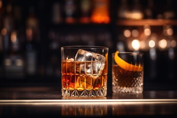 a close up of a glass of alcohol on a table with a slice of an orange on the side of the glass.