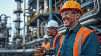 engineer team talking smile on gas power plant background
