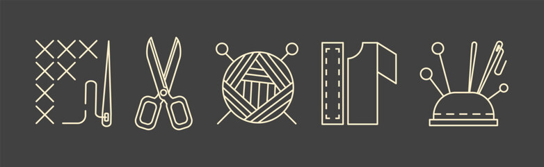 Fototapeta premium Sewing Tool and Equipment with Needle, Scissors, Yarn Ball, Material and Pin Cushion Vector Set