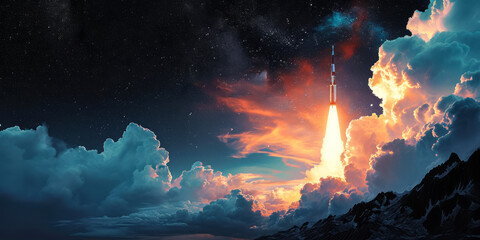 Space exploration concept with rocket launch into starry sky, symbolizing ambition, innovation, and discovery