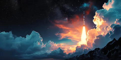 Foto op Plexiglas Space exploration concept with rocket launch into starry sky, symbolizing ambition, innovation, and discovery © Bartek