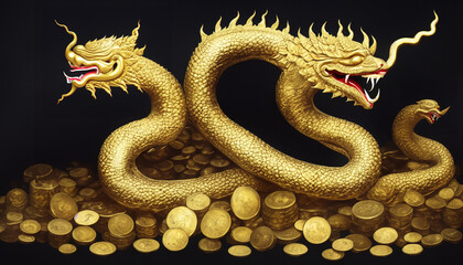 Obraz premium Three silver dragons, golden dragons, golden figures, sitting on a pile of gold and silver. big and elegant