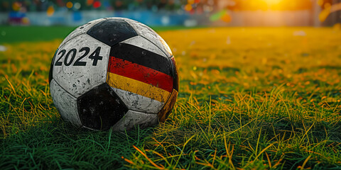Soccer ball on a green field with UEFA Euro 2024 text, symbolizing the anticipation for the upcoming European football championship - obrazy, fototapety, plakaty