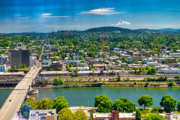 Portland, Oregon - August 18, 2017: Aerial view of city streets and buildings on a sunny summer day