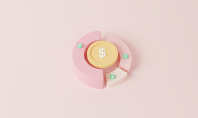 minimal Cute Circle diagram graph money coin increase. 3d render on pastel background. Business Finance concepts. Trading, Stocks, Crypto, Management. Colorful charts. Moving up. 3D rendering