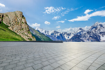 Empty floor and mountain nature landscape under blue sky