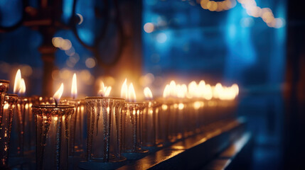 Rows of candles casting a warm glow in a tranquil, spiritual setting with a blurred background. - obrazy, fototapety, plakaty