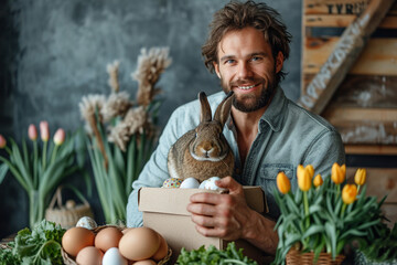 happy bearded man holds a colorful box with easter flowers and bunny, eclectic style - obrazy, fototapety, plakaty