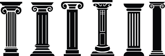 vector pillar background design art set, Medieval Symbol, Pillar icon in filled flat logo template, black logo element, law justice logo, building construction architecture logo, Trendy style vector. - obrazy, fototapety, plakaty