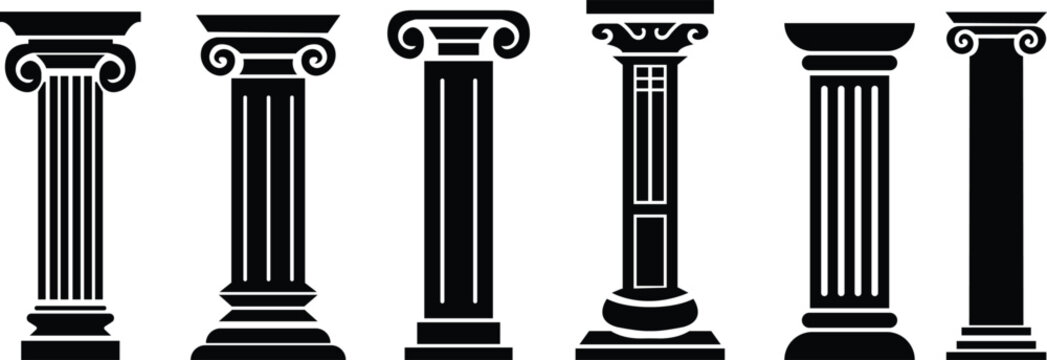vector pillar background design art set, Medieval Symbol, Pillar icon in filled flat logo template, black logo element, law justice logo, building construction architecture logo, Trendy style vector.