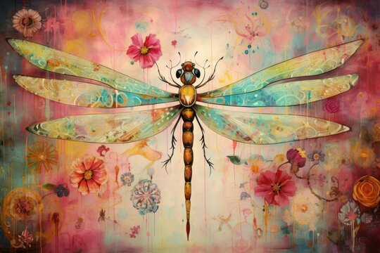  a painting of a dragonfly on a pink, yellow, and blue background with flowers and flowers around it.
