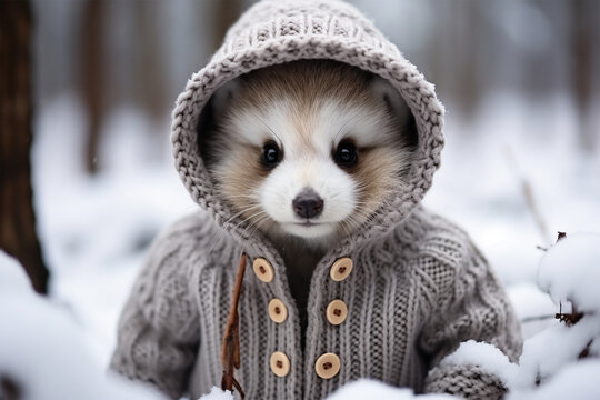 a panda wearing thick clothes in the snow