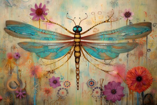  a painting of a dragonfly sitting on top of a piece of art with flowers on the side of it.