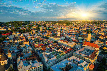 Panoramic summer view from drone on historical center of Lviv city