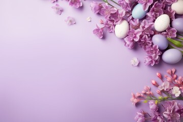  a bunch of purple flowers and eggs on a purple background with a place for a message or an easter card.