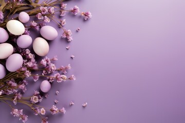 Obraz na płótnie Canvas a bunch of eggs sitting on top of a bunch of flowers on top of a purple background with space for text.