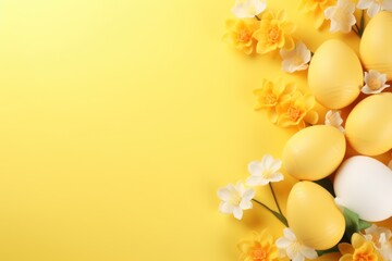 a bunch of yellow and white eggs and daffodils on a yellow background with a place for text.