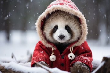 a panda wearing thick clothes in the snow