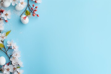  an overhead view of a branch of a cherry tree with white flowers on a blue background with space for text.