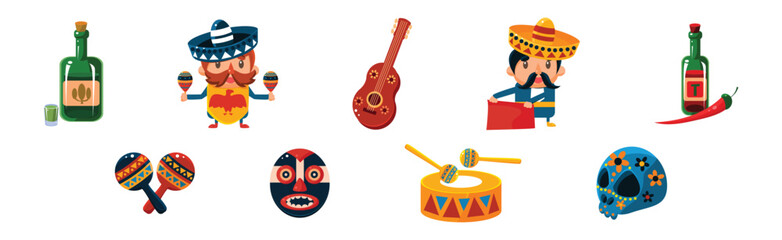 Mexican Objects and Symbols with Tequila, Guitar, Skull and Man Play Maraca Vector Set