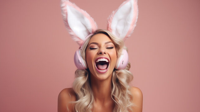 A laughing girl wearing headphones with rabbit ears