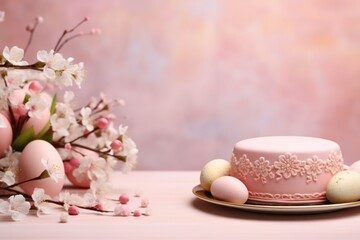  a pink cake sitting on top of a plate next to a vase with flowers and eggs on top of it.