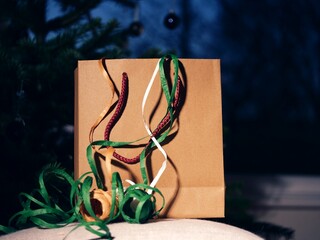 Christmas gift bag and ribbons 