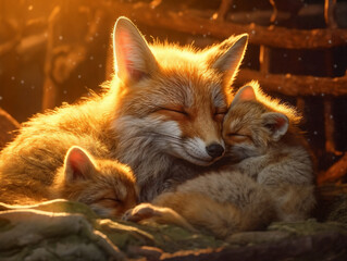 a couple of foxes cuddle together in the sun light in a bed of blankets and blankets on a bed, generative ai