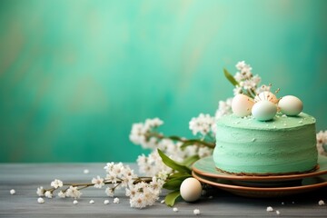 Obraz na płótnie Canvas a green cake sitting on top of a plate next to a bunch of white flowers and eggs on top of it.