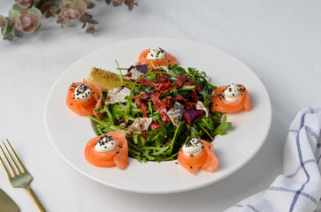 Salad with Salmon, Arugula and Sun-Dried Tomatoes, Fresh Salad, Appetizer