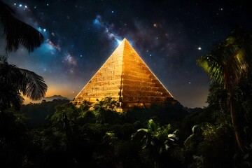 giant golden glowing pyramid rising in the tropical jungle under a nebulous sky