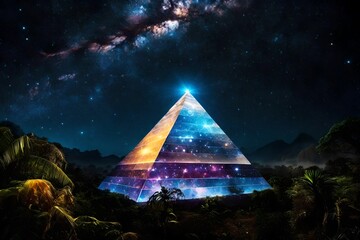 glowing space portal pyramid rising in the tropical jungle under a nebulous sky