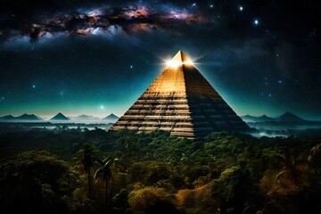 surreal mystical glowing pyramid rising in the tropical jungle under a nebulous sky - obrazy, fototapety, plakaty